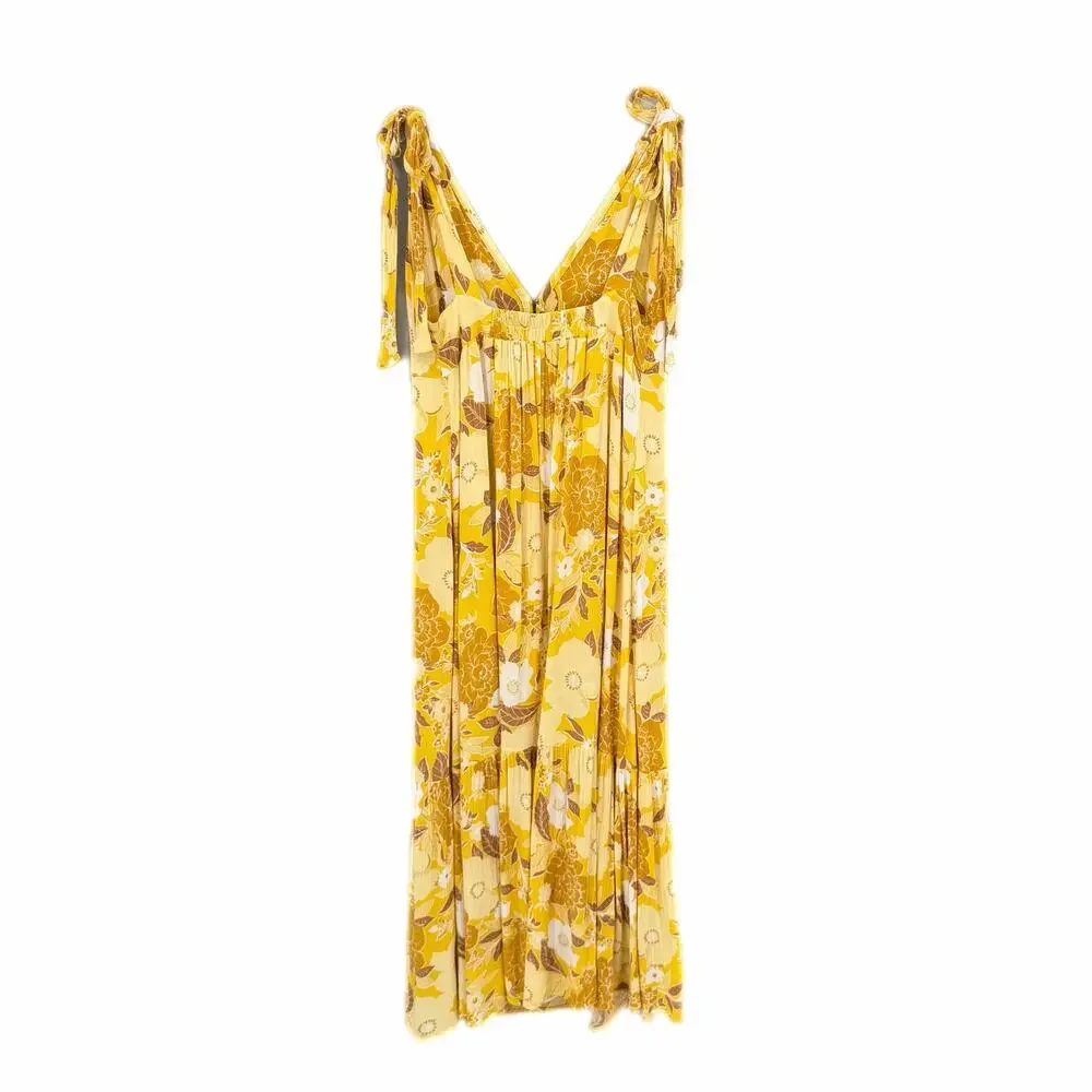 Abercrombie & Fitch Bright Yellow Crepe Tie Shoulder V-neck Flowing Maxi Dress
